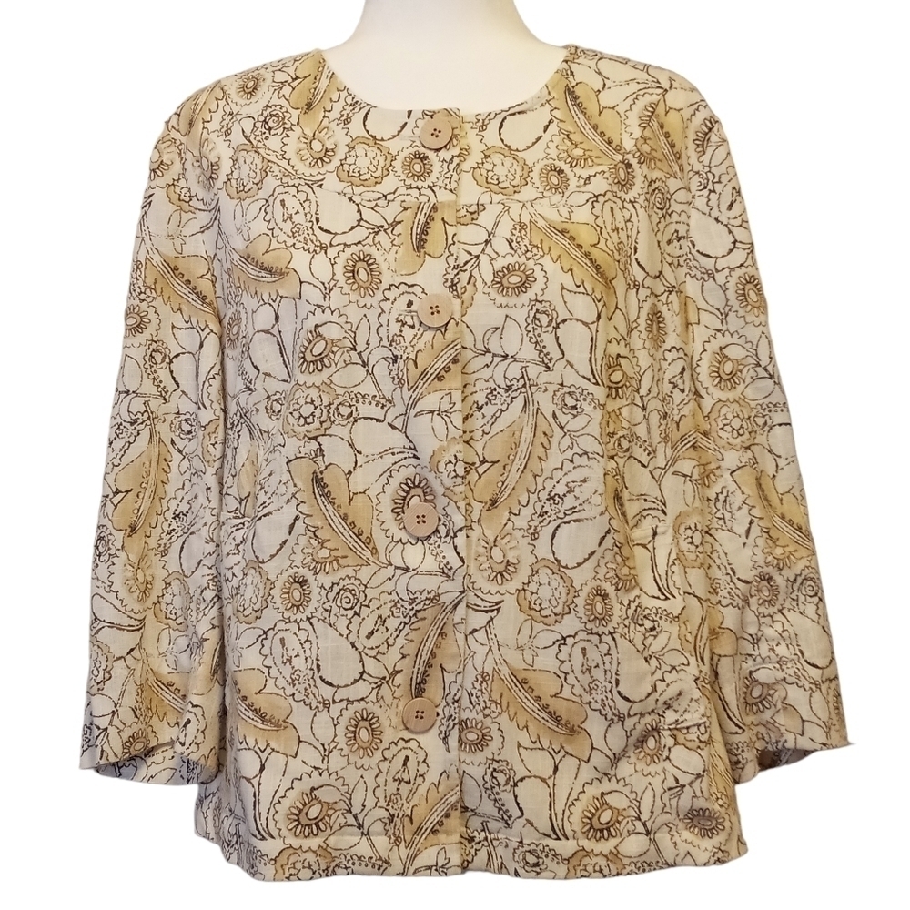 J Jill linen blend button down neutral floral boxy jacket top Size large